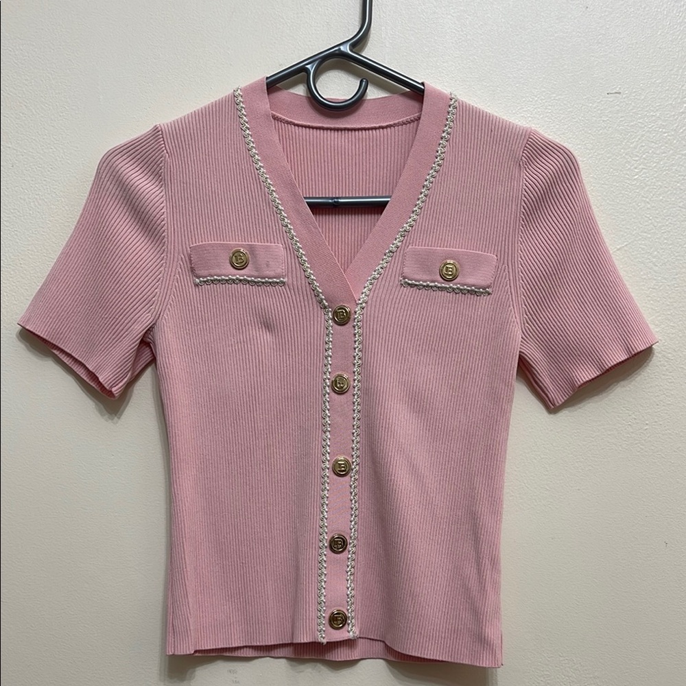 Pink Short Sleeve Cardigan with Gold Buttons Size M